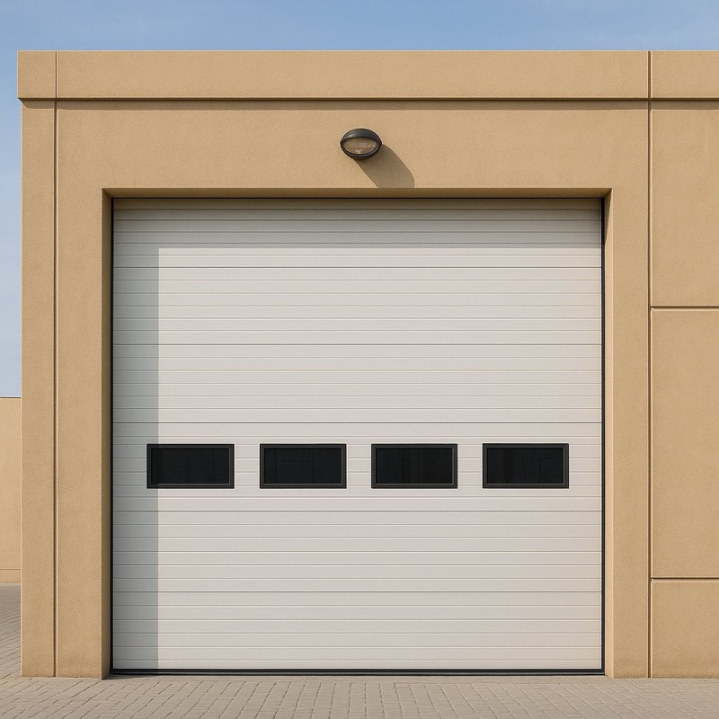 Industrial sectional door 4x4 m motorized - 40 mm grooved panels - White - Installation in Dubai Industrial sectional door 4x4 m motorized - 40 mm grooved panels - White - Installation in Dubai
