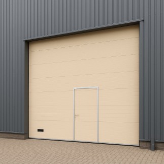 4x4 m motorized industrial sectional door with gate - Micro-grooved panels 40 mm - ivory - Installation in Dubai