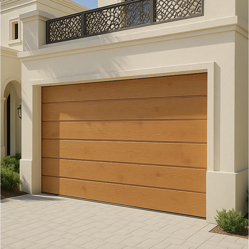 Puerta de garaje seccional W de 4,0 m x H 2.0 m de 40 mm - Color de roble de oro, puerta de garaje motorizada en Dubai.