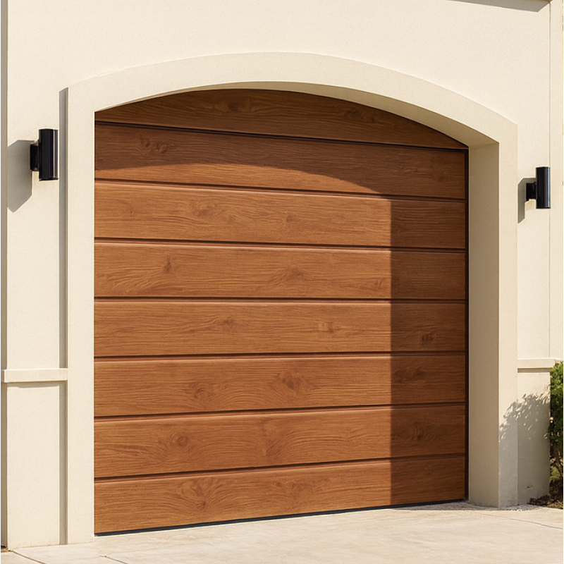 Sectional garage door w 4.0 m x h 2.0 m in 40 mm - Dark oak color, motorized garage door in Dubai.