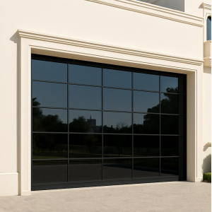 Porte de garage sectionnelle vitrée 4,0 m x 2,5 m – Double plexiglass & vitrage minéral fumé – Noir Black – Porte à Dubaï