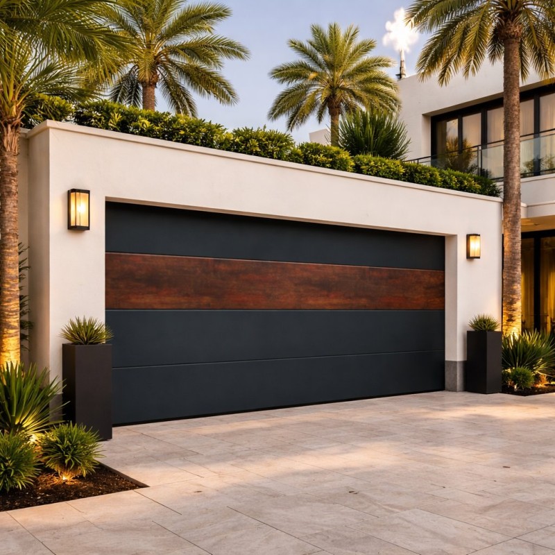 Porta del garage sezionale Premium 4,0 m x 2,0 m - Pannelli sandwich lisci da 40 mm - Nero con pannello in rovere scuro - Alta q